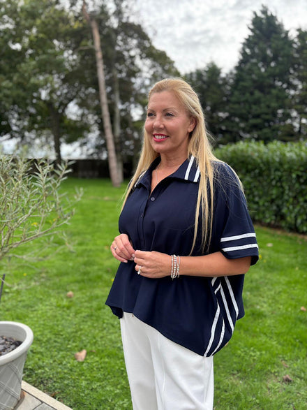 Navy Stripe Detail Button Top Leona